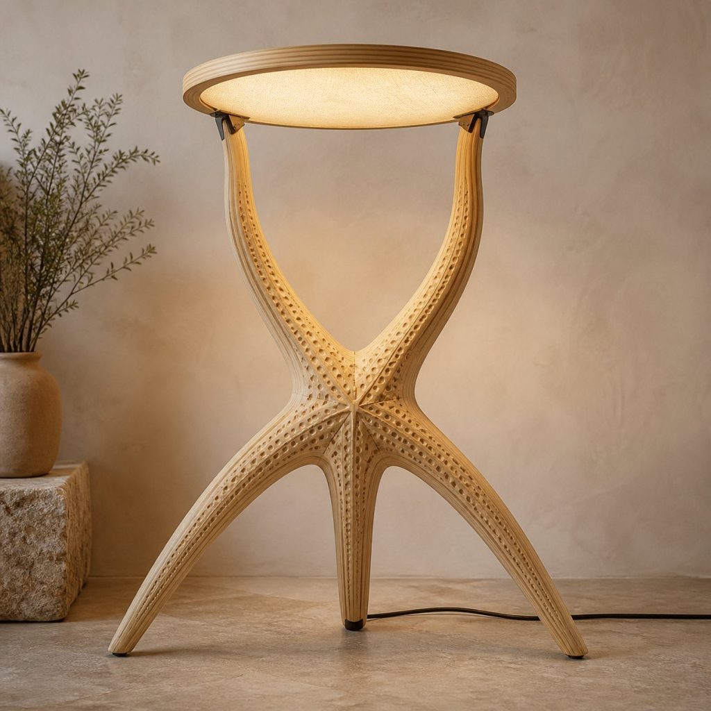 Twin-Arm Starfish Floor Lamp shown as an original square photorealistic starfish lamp made from natural light-yellow wood with fine grain and warm diffused light