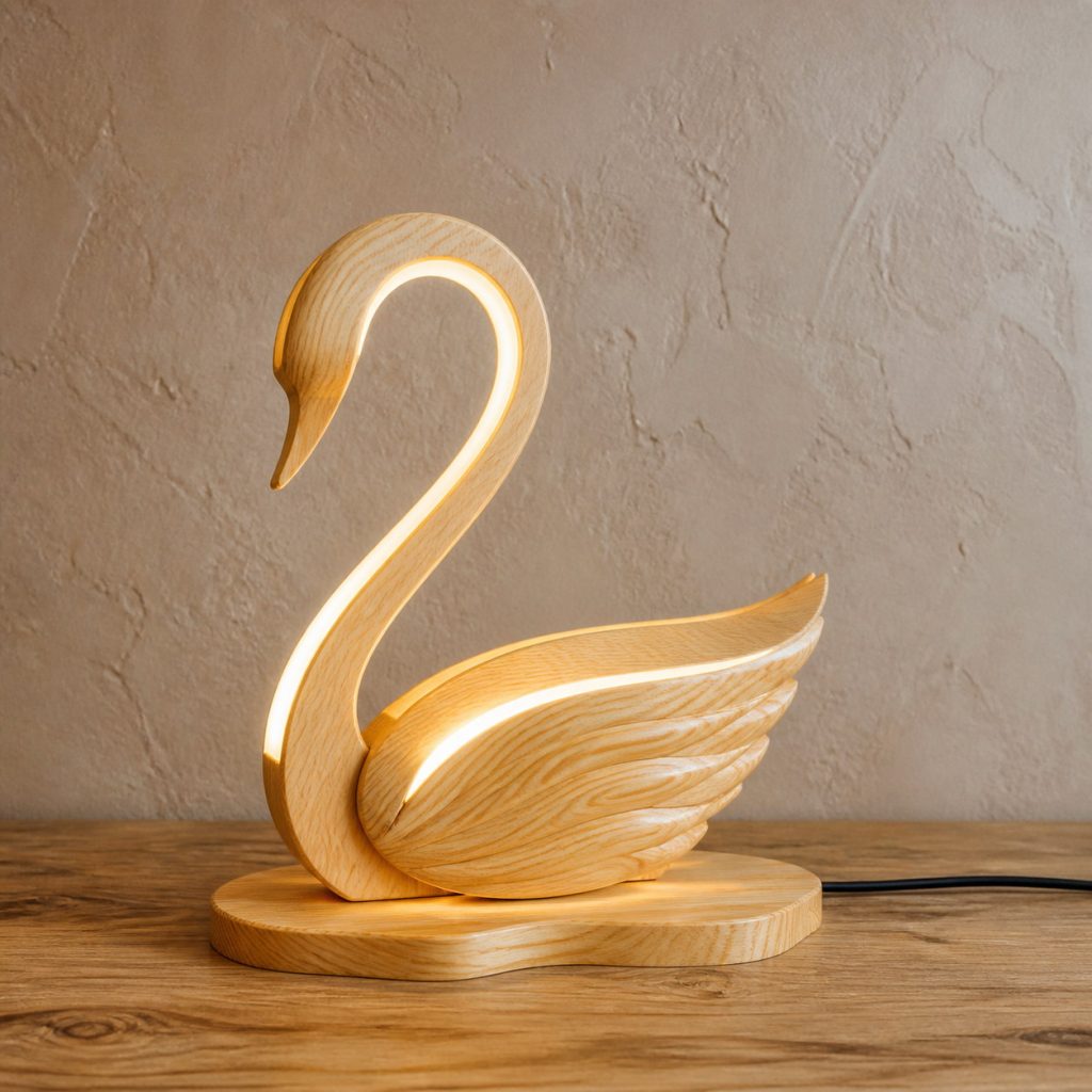 Light-Yellow Swan Profile Lamp shown as an original square photorealistic light-yellow wood swan lamp made from natural light-yellow wood with fine grain and warm diffused light