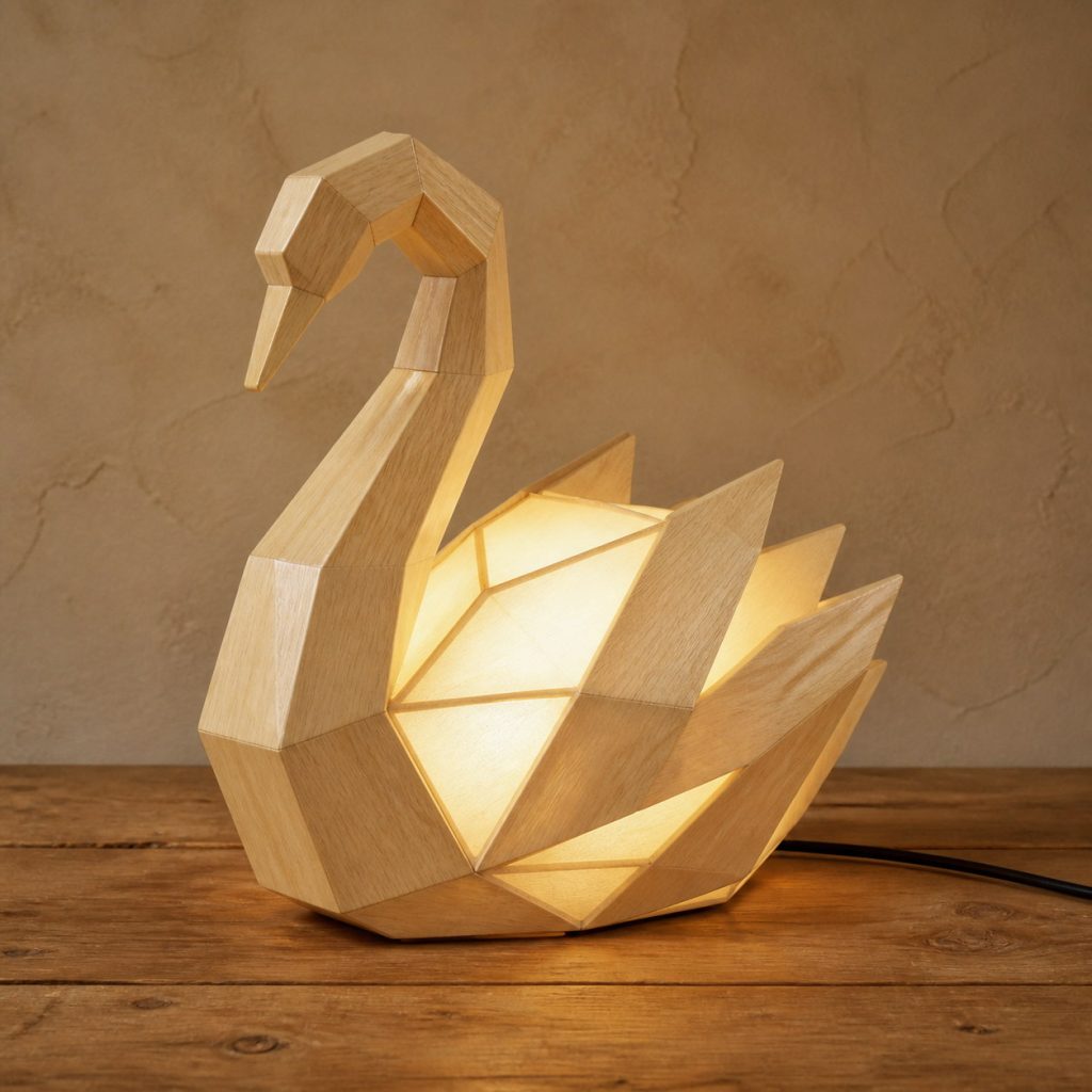 Faceted Light-Yellow Swan Lamp shown as an original square photorealistic light-yellow wood swan lamp made from natural light-yellow wood with fine grain and warm diffused light