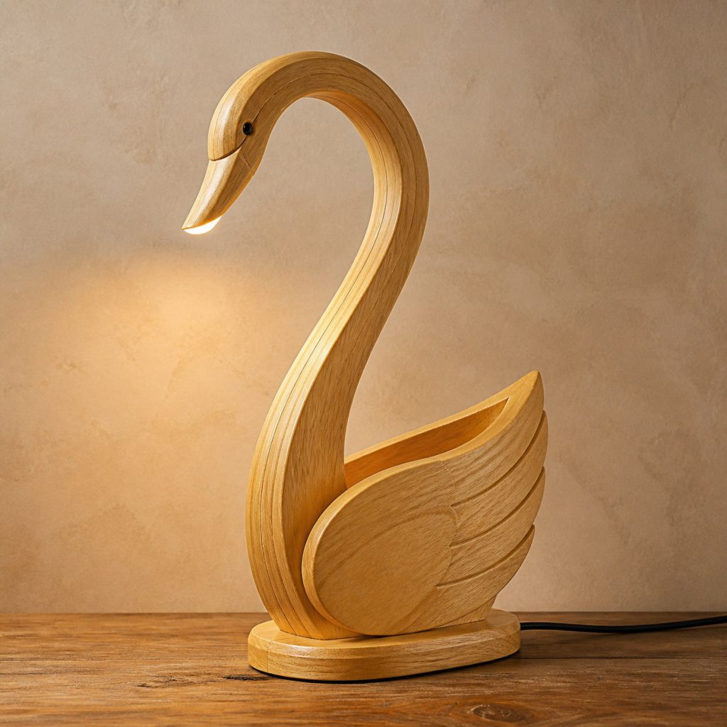 Swan-Neck Desk Lamp shown as an original square photorealistic light-yellow wood swan lamp made from natural light-yellow wood with fine grain and warm diffused light