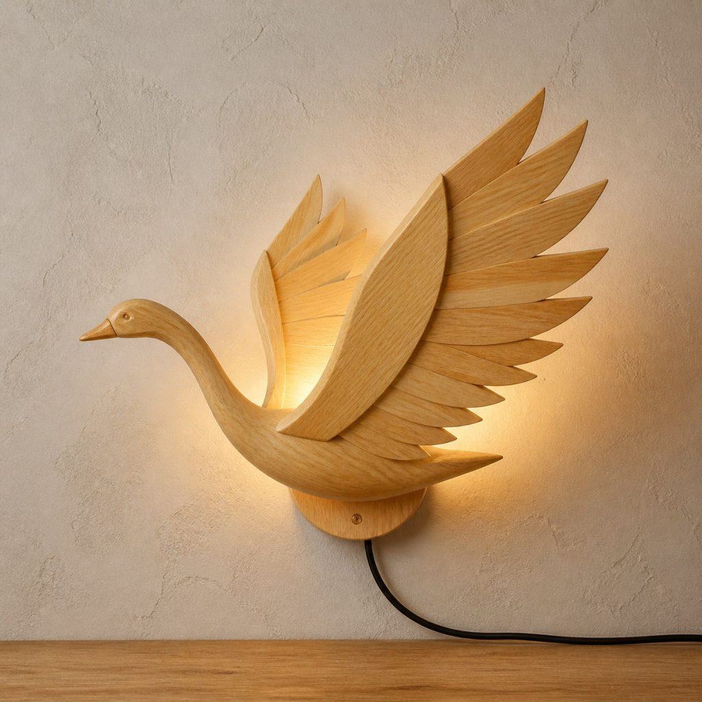 Flying Swan Wall Sconce shown as an original square photorealistic light-yellow wood swan lamp made from natural light-yellow wood with fine grain and warm diffused light