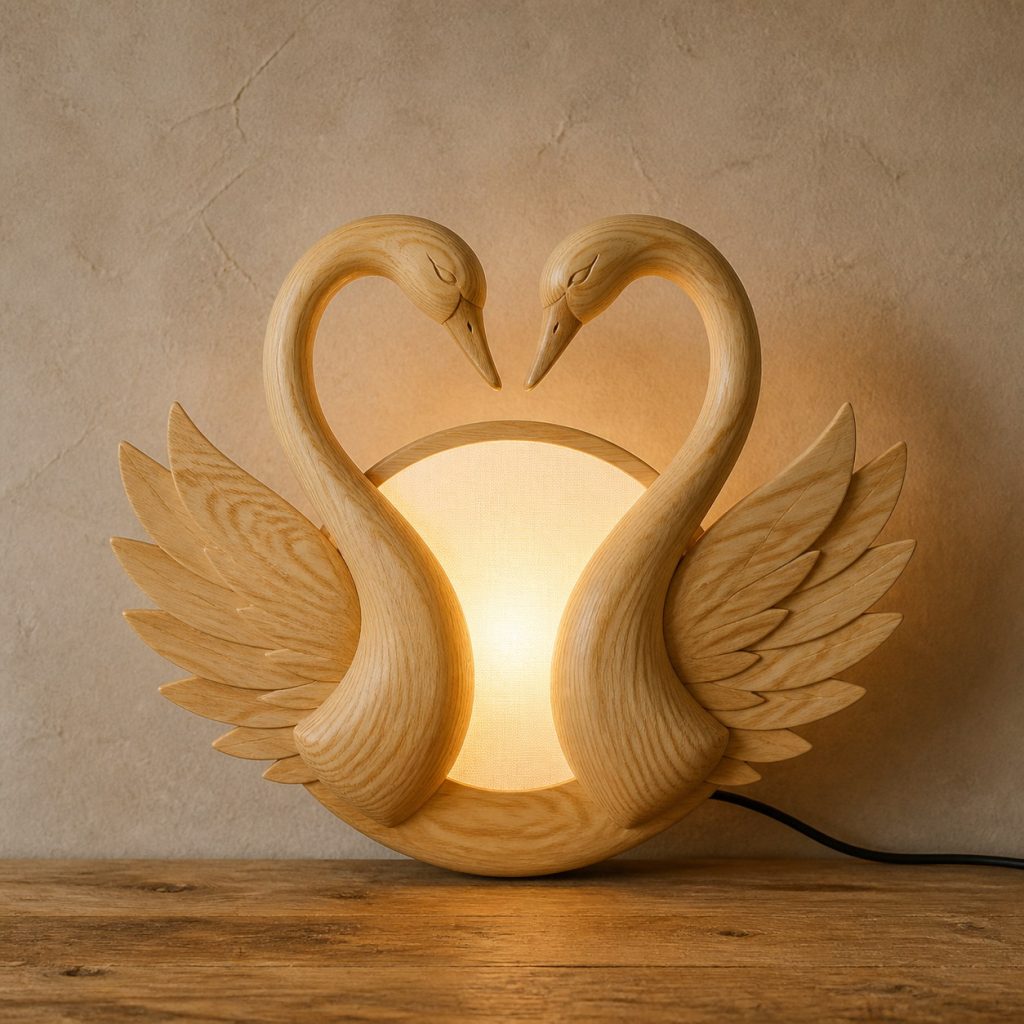 Swan-Pair Heart Lamp shown as an original square photorealistic light-yellow wood swan lamp made from natural light-yellow wood with fine grain and warm diffused light