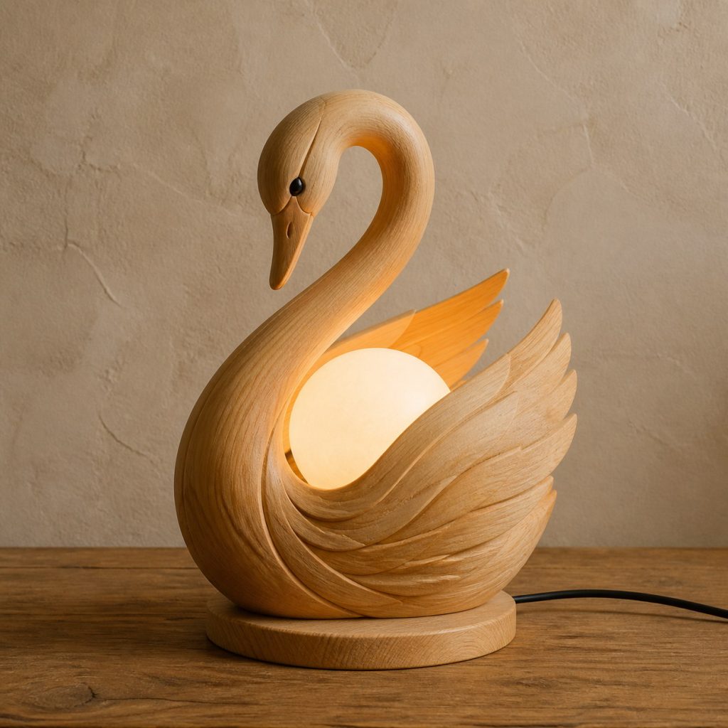 Nesting Swan Orb Lamp shown as an original square photorealistic light-yellow wood swan lamp made from natural light-yellow wood with fine grain and warm diffused light