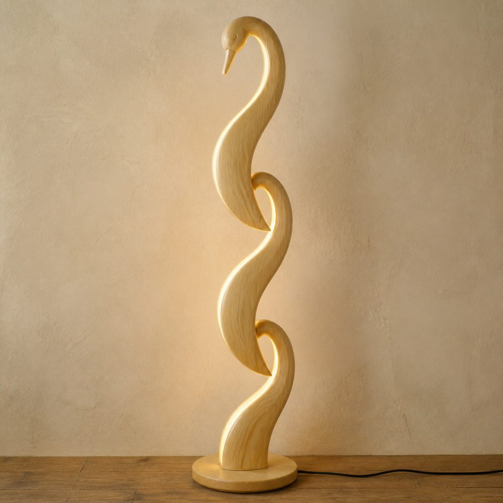 Stacked Swan Floor Lamp shown as an original square photorealistic light-yellow wood swan lamp made from natural light-yellow wood with fine grain and warm diffused light