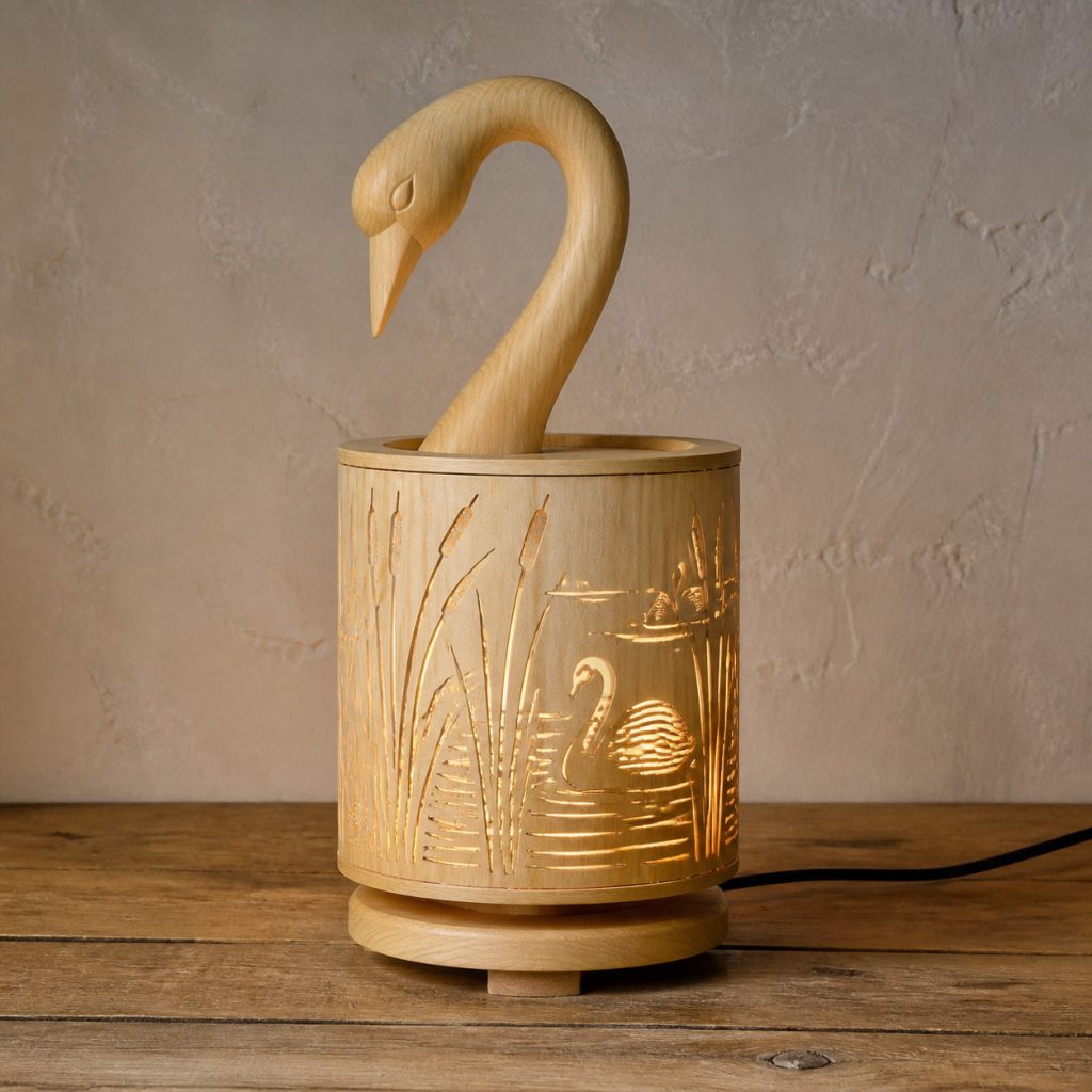 Lakeside Swan Lantern shown as an original square photorealistic light-yellow wood swan lamp made from natural light-yellow wood with fine grain and warm diffused light