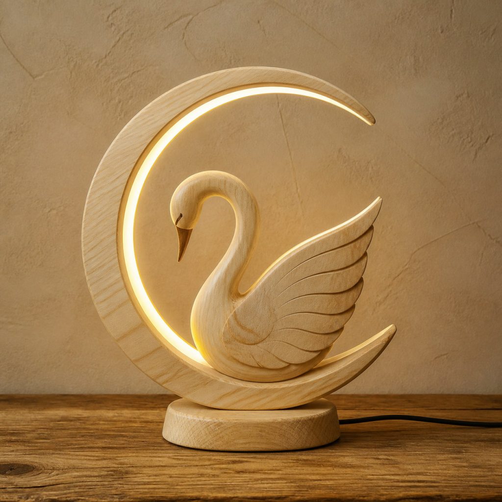 Swan Crescent-Moon Lamp shown as an original square photorealistic light-yellow wood swan lamp made from natural light-yellow wood with fine grain and warm diffused light