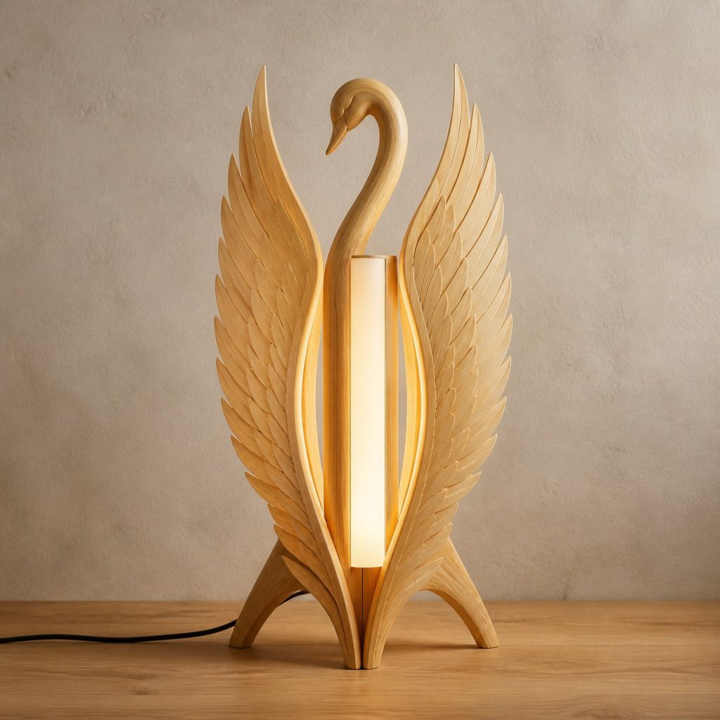 Twin-Wing Swan Floor Lamp shown as an original square photorealistic light-yellow wood swan lamp made from natural light-yellow wood with fine grain and warm diffused light