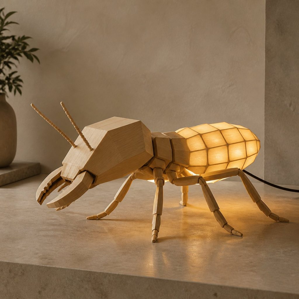 Faceted Soldier Termite Lamp shown as an original square photorealistic termite lamp made from natural light-yellow wood with fine grain and warm diffused light