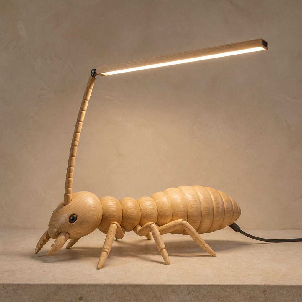 Termite-Antenna Desk Task Lamp shown as an original square photorealistic termite lamp made from natural light-yellow wood with fine grain and warm diffused light