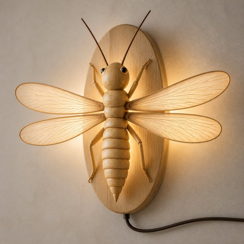 Winged Termite Wall Sconce shown as an original square photorealistic termite lamp made from natural light-yellow wood with fine grain and warm diffused light
