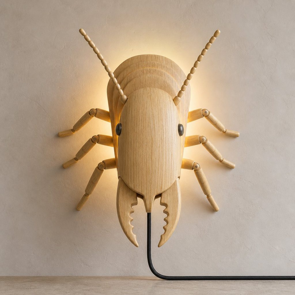 Layered Soldier Termite Head Wall Lamp shown as an original square photorealistic termite lamp made from natural light-yellow wood with fine grain and warm diffused light