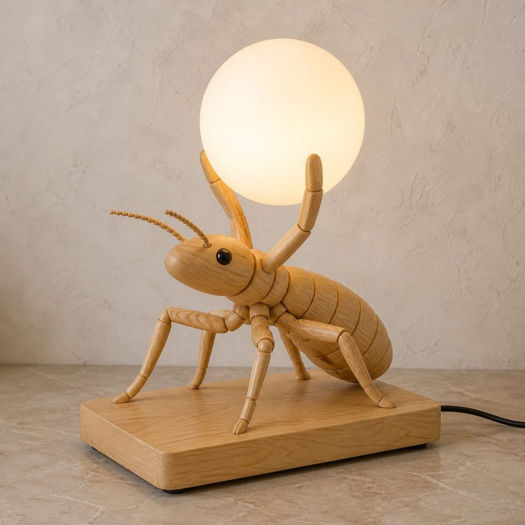 Worker Termite Orb Lamp shown as an original square photorealistic termite lamp made from natural light-yellow wood with fine grain and warm diffused light
