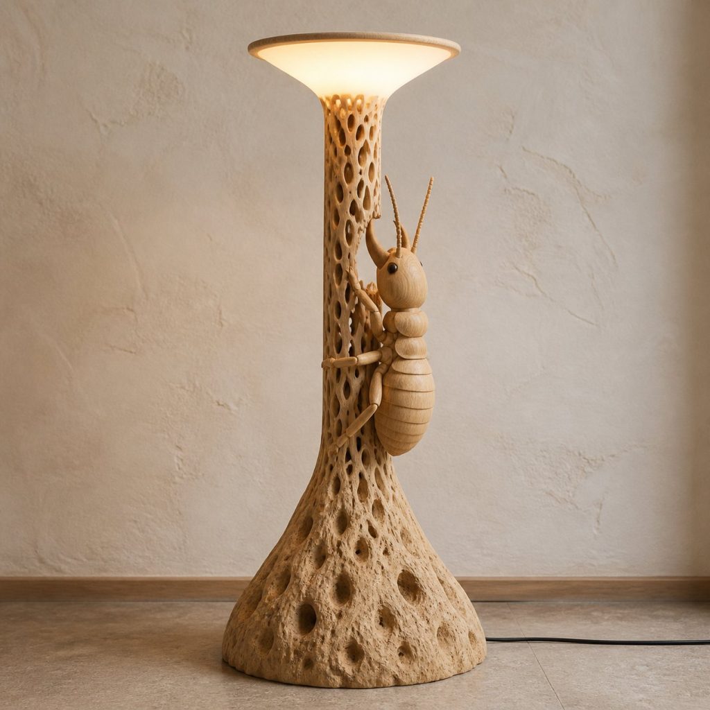 Termite-Mound Floor Lamp shown as an original square photorealistic termite lamp made from natural light-yellow wood with fine grain and warm diffused light