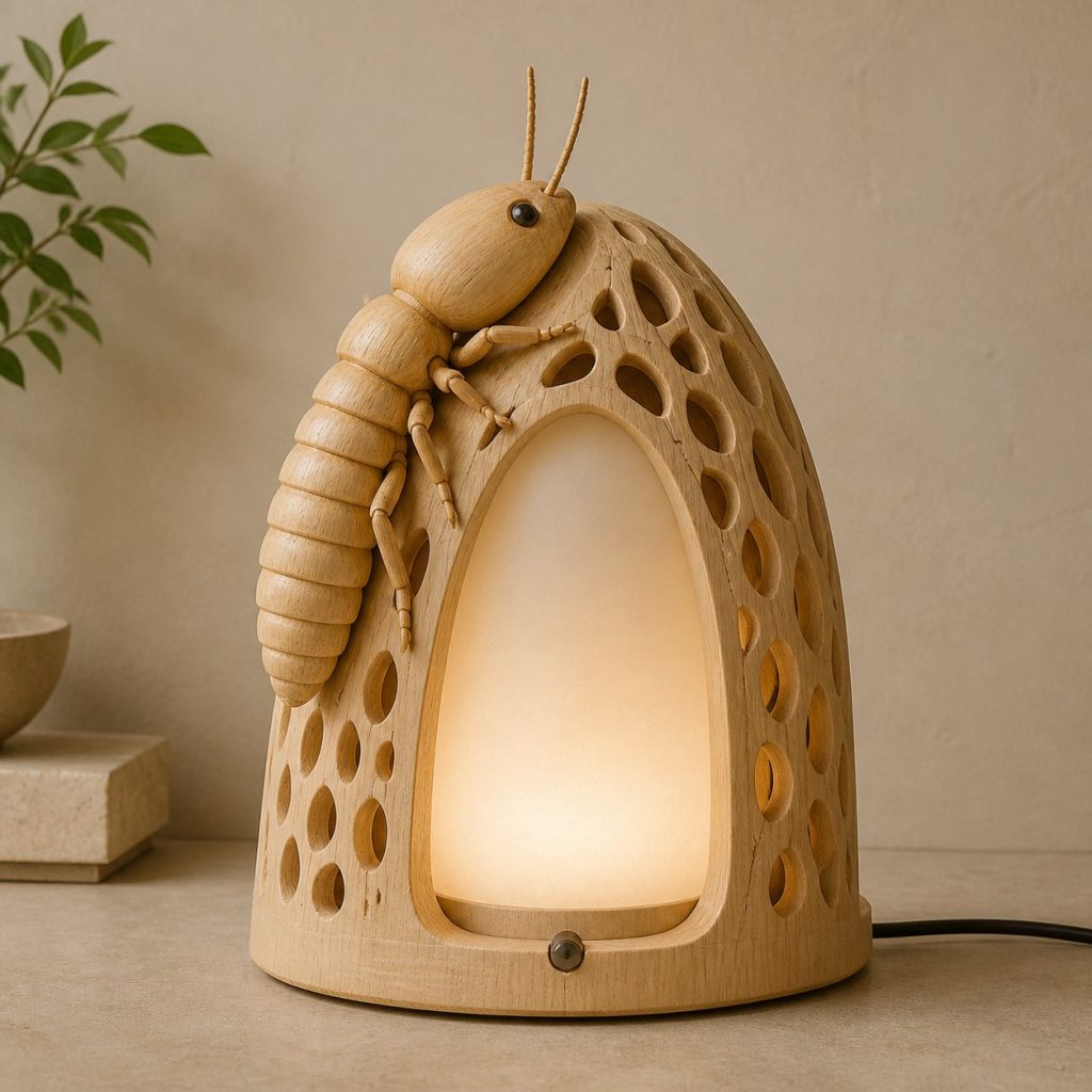 Termite-Mound Lantern shown as an original square photorealistic termite lamp made from natural light-yellow wood with fine grain and warm diffused light