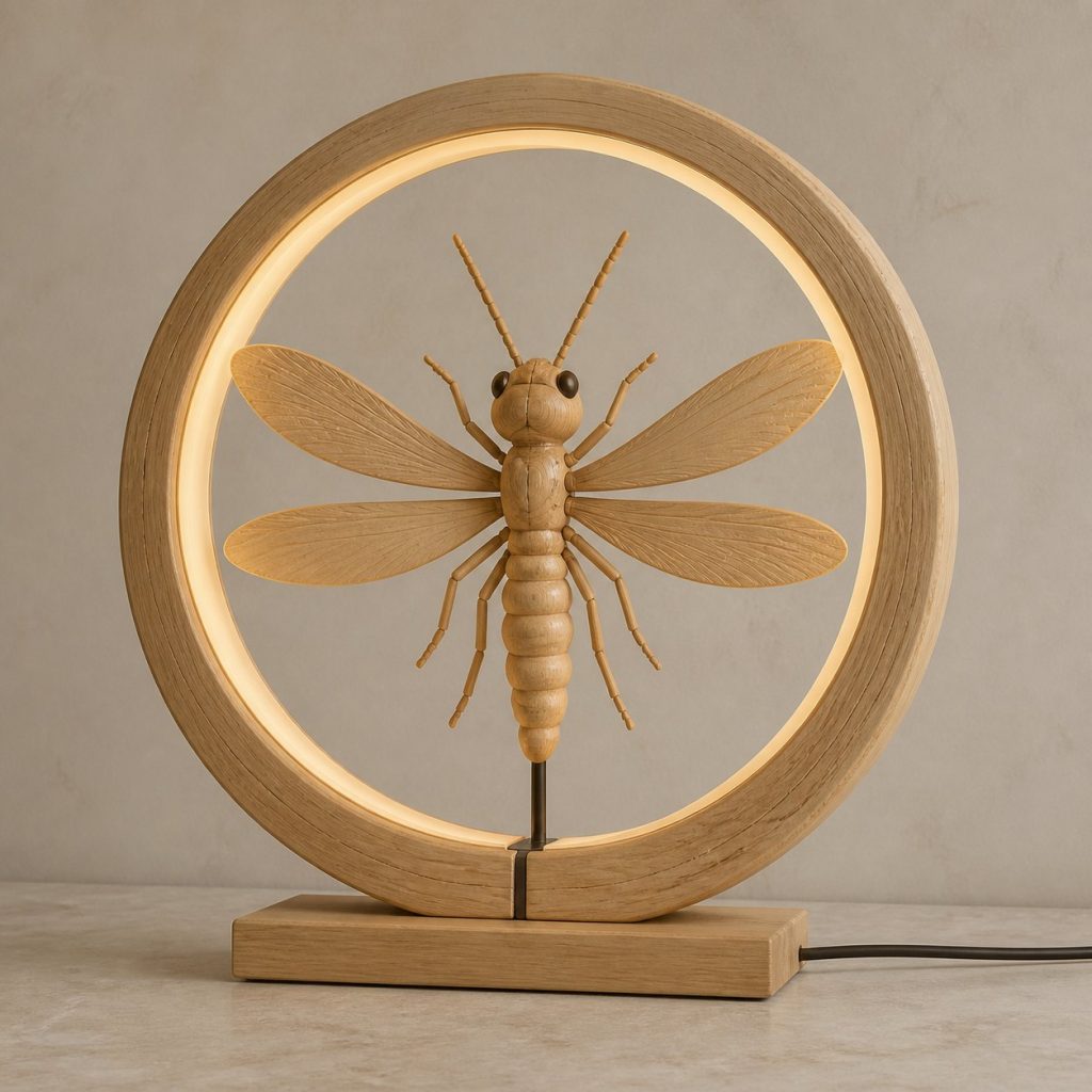 Winged Termite Earth-Ring Lamp shown as an original square photorealistic termite lamp made from natural light-yellow wood with fine grain and warm diffused light