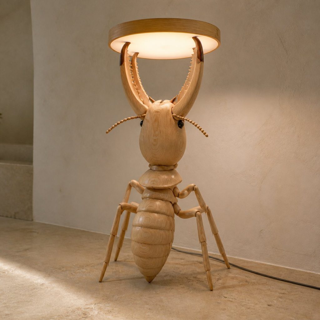 Paired-Mandible Termite Floor Lamp shown as an original square photorealistic termite lamp made from natural light-yellow wood with fine grain and warm diffused light