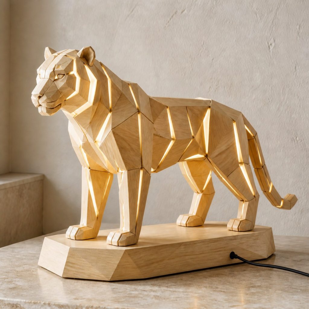 Faceted Tiger Lamp shown as an original square photorealistic tiger lamp made from natural light-yellow wood with fine grain and warm diffused light