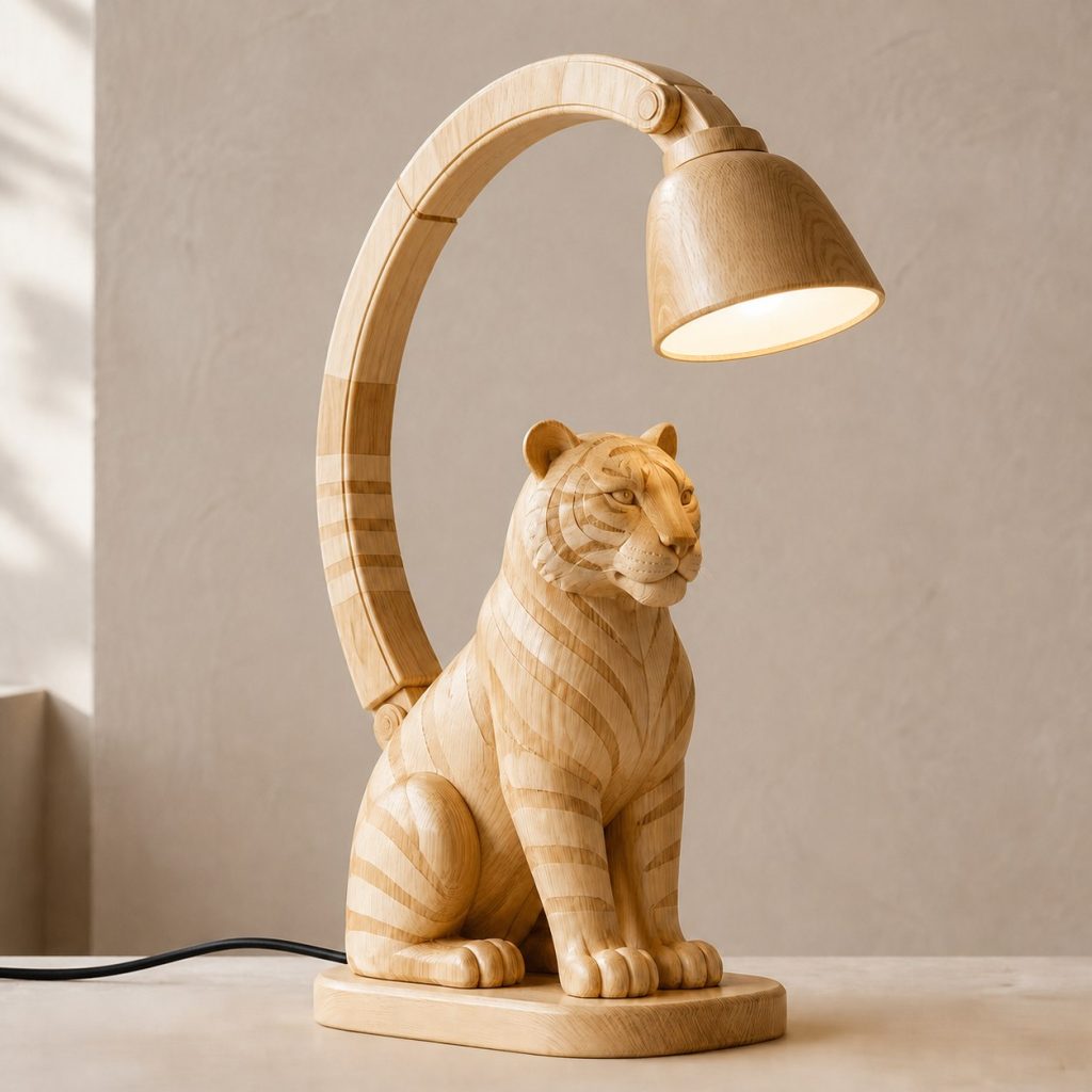 Tiger-Tail Desk Task Lamp shown as an original square photorealistic tiger lamp made from natural light-yellow wood with fine grain and warm diffused light