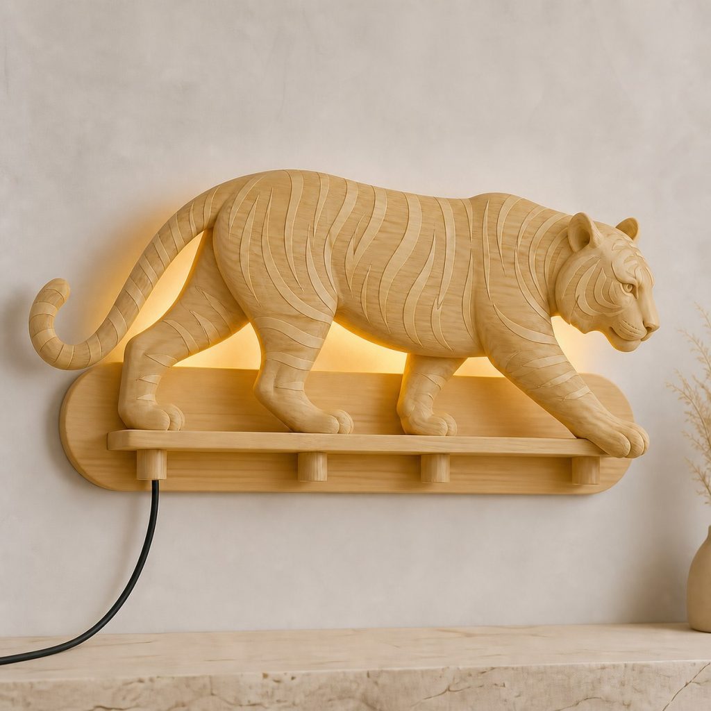 Prowling Tiger Wall Sconce shown as an original square photorealistic tiger lamp made from natural light-yellow wood with fine grain and warm diffused light
