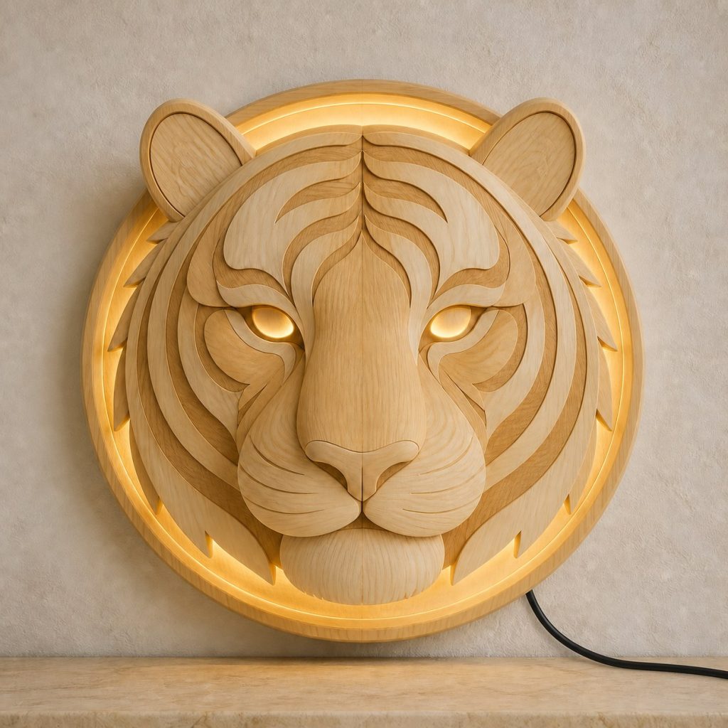 Layered Tiger Face Wall Lamp shown as an original square photorealistic tiger lamp made from natural light-yellow wood with fine grain and warm diffused light