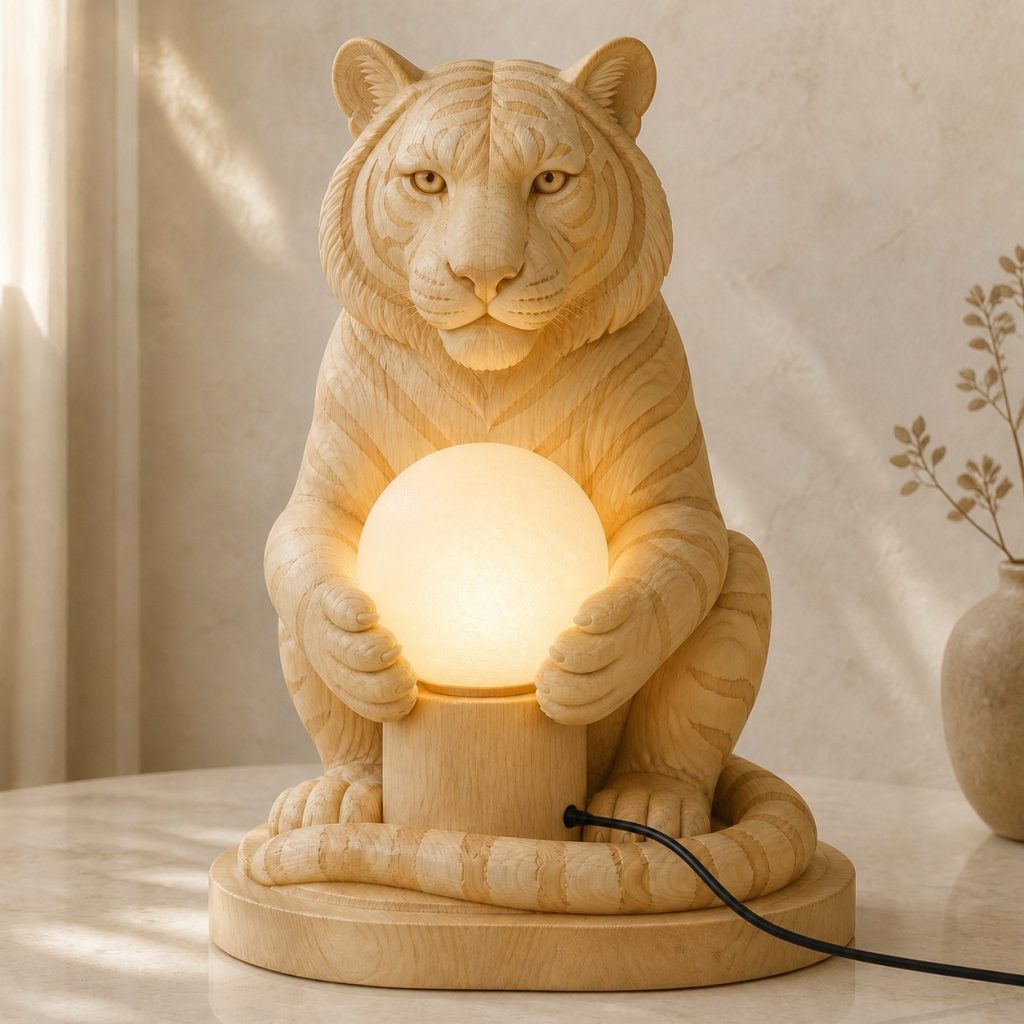 Tiger Orb Lamp shown as an original square photorealistic tiger lamp made from natural light-yellow wood with fine grain and warm diffused light