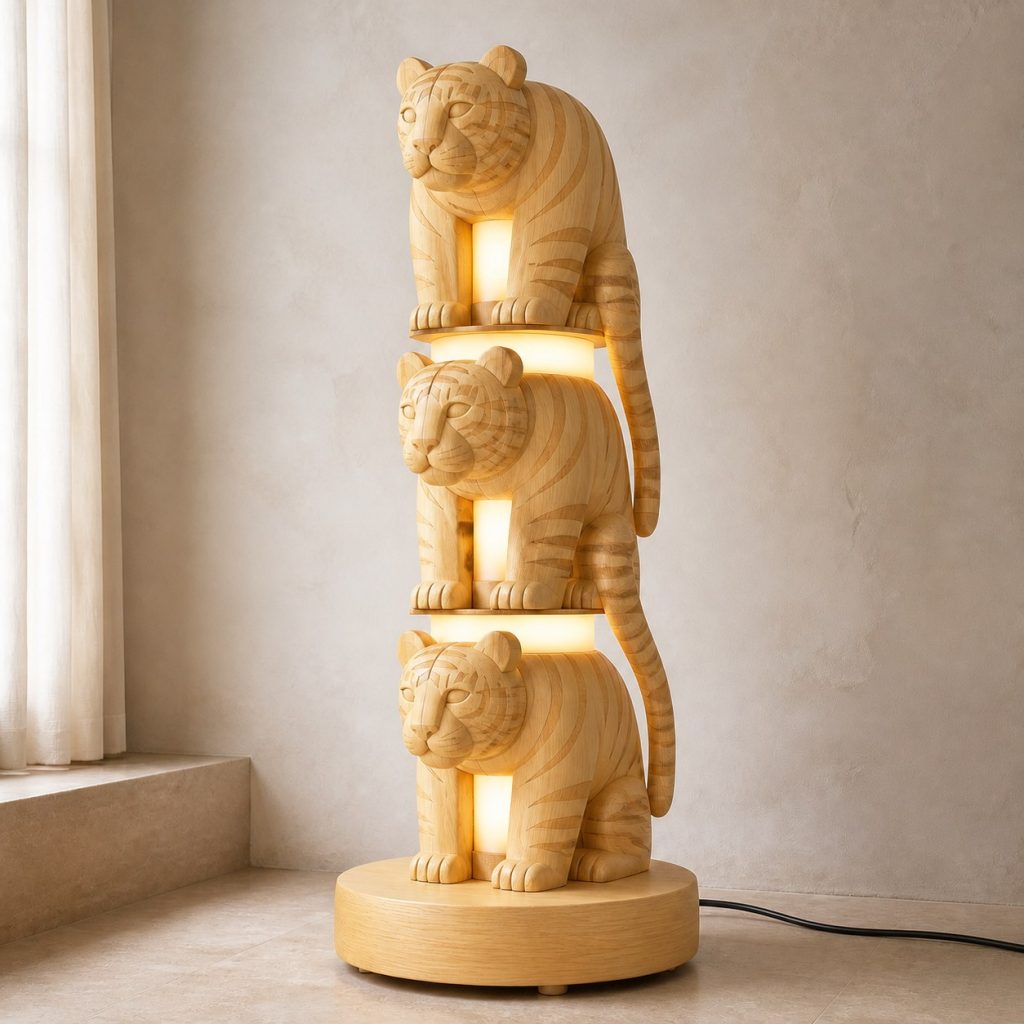 Stacked Tiger Floor Lamp shown as an original square photorealistic tiger lamp made from natural light-yellow wood with fine grain and warm diffused light