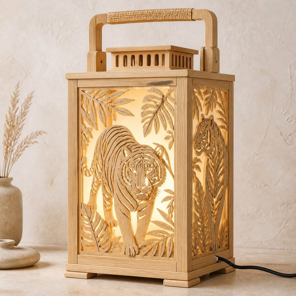 Jungle Tiger Lantern shown as an original square photorealistic tiger lamp made from natural light-yellow wood with fine grain and warm diffused light