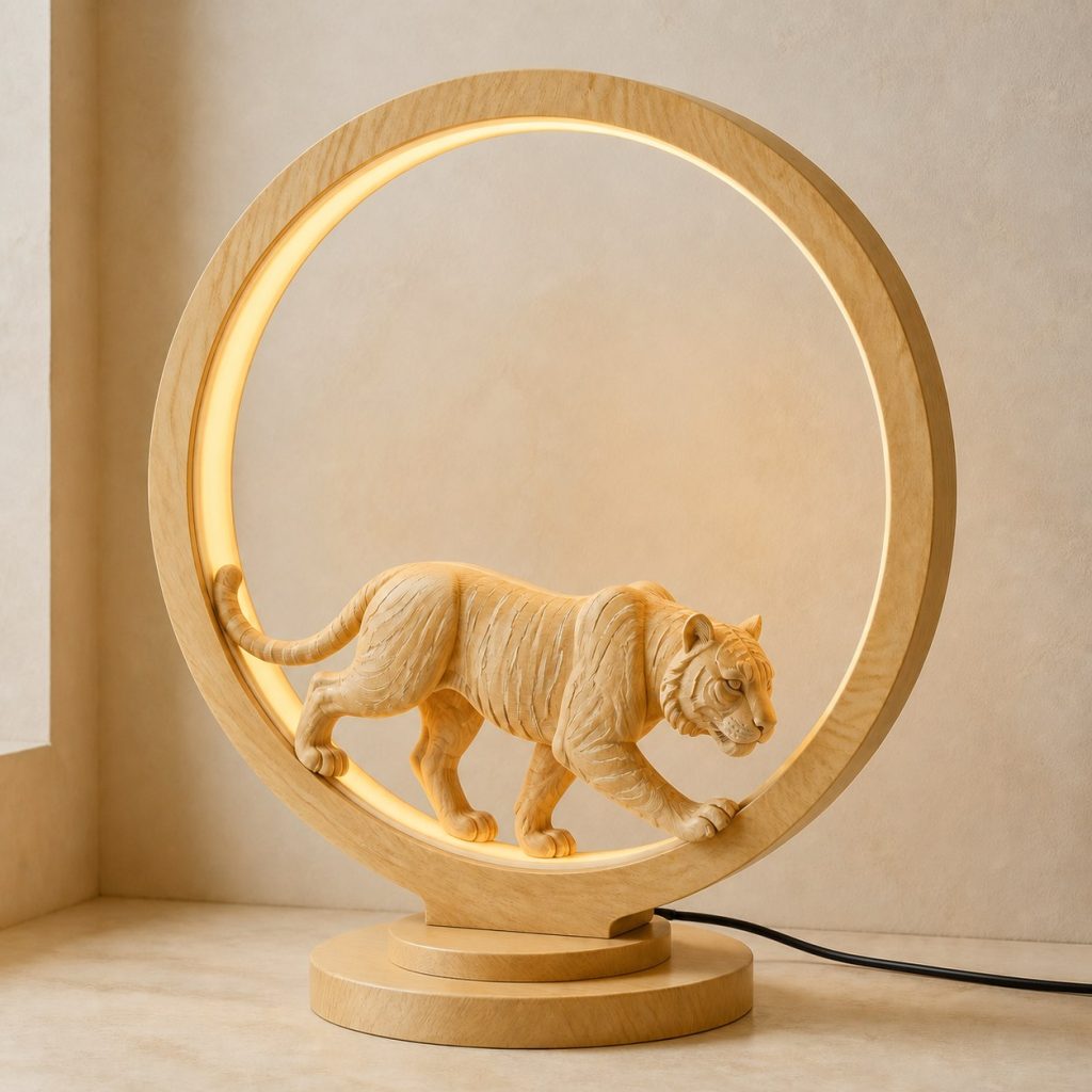 Tiger Sun-Ring Lamp shown as an original square photorealistic tiger lamp made from natural light-yellow wood with fine grain and warm diffused light