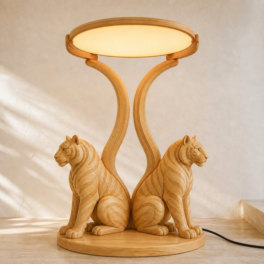 Paired-Tail Tiger Floor Lamp shown as an original square photorealistic tiger lamp made from natural light-yellow wood with fine grain and warm diffused light