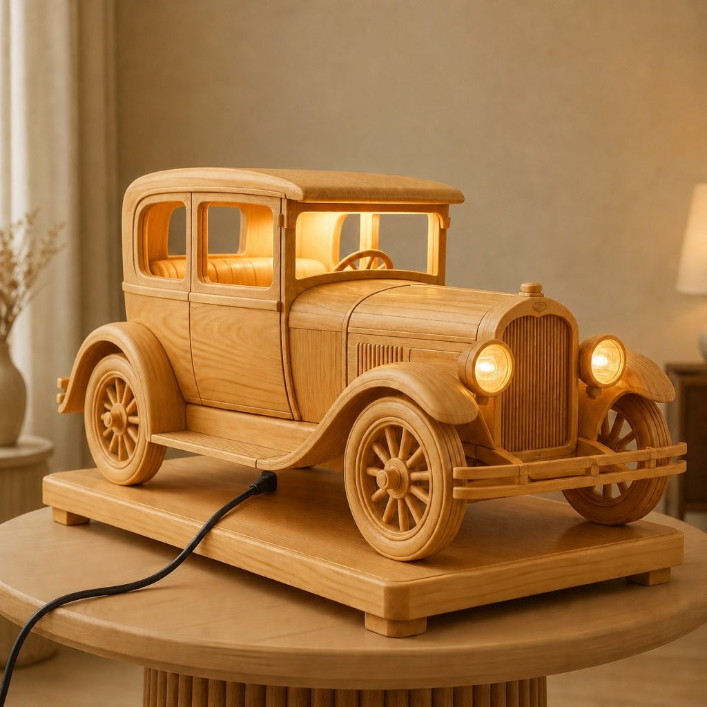Faceted Vintage Car Lamp shown as an original square photorealistic vintage car lamp made from natural light-yellow wood with fine grain and warm diffused light