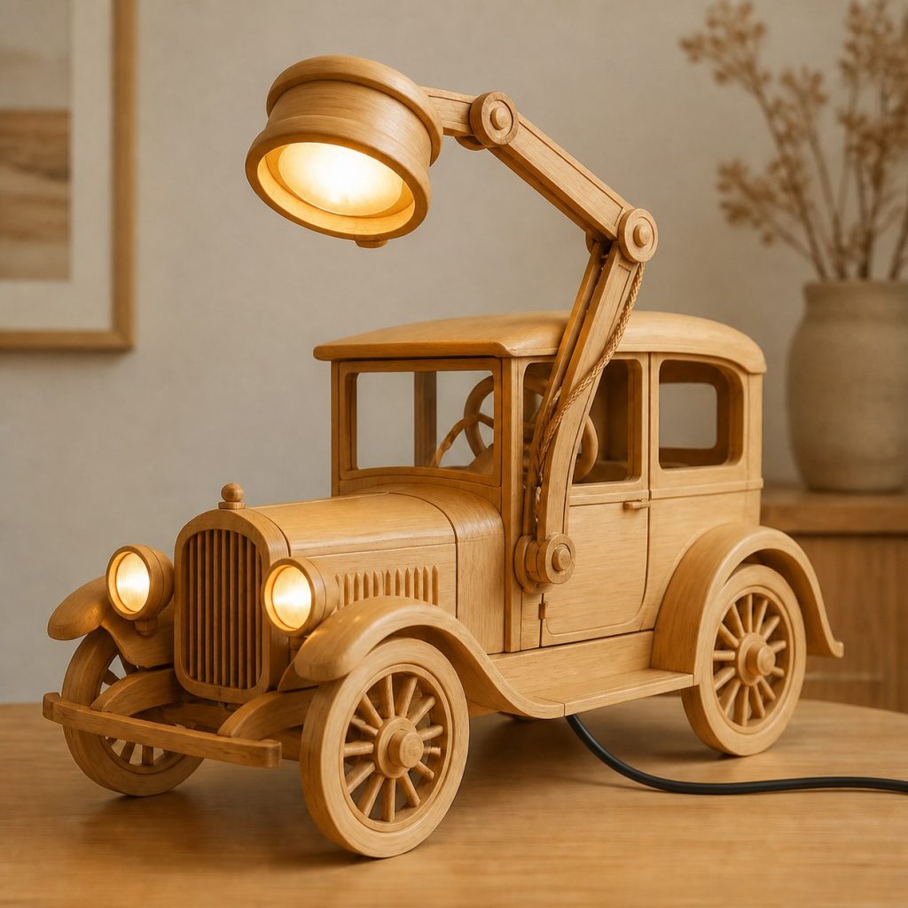 Vintage Headlight Desk Task Lamp shown as an original square photorealistic vintage car lamp made from natural light-yellow wood with fine grain and warm diffused light