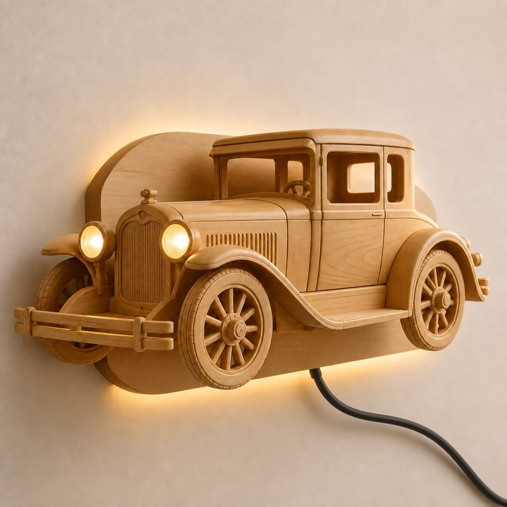 Driving Vintage Car Wall Sconce shown as an original square photorealistic vintage car lamp made from natural light-yellow wood with fine grain and warm diffused light