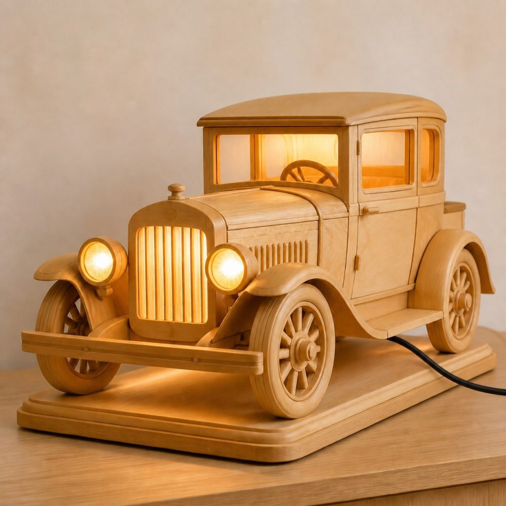 Layered Vintage Grille Wall Lamp shown as an original square photorealistic vintage car lamp made from natural light-yellow wood with fine grain and warm diffused light