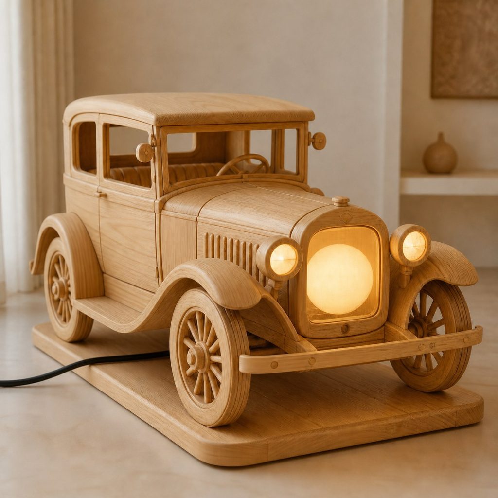 Vintage Car Hood Orb Lamp shown as an original square photorealistic vintage car lamp made from natural light-yellow wood with fine grain and warm diffused light