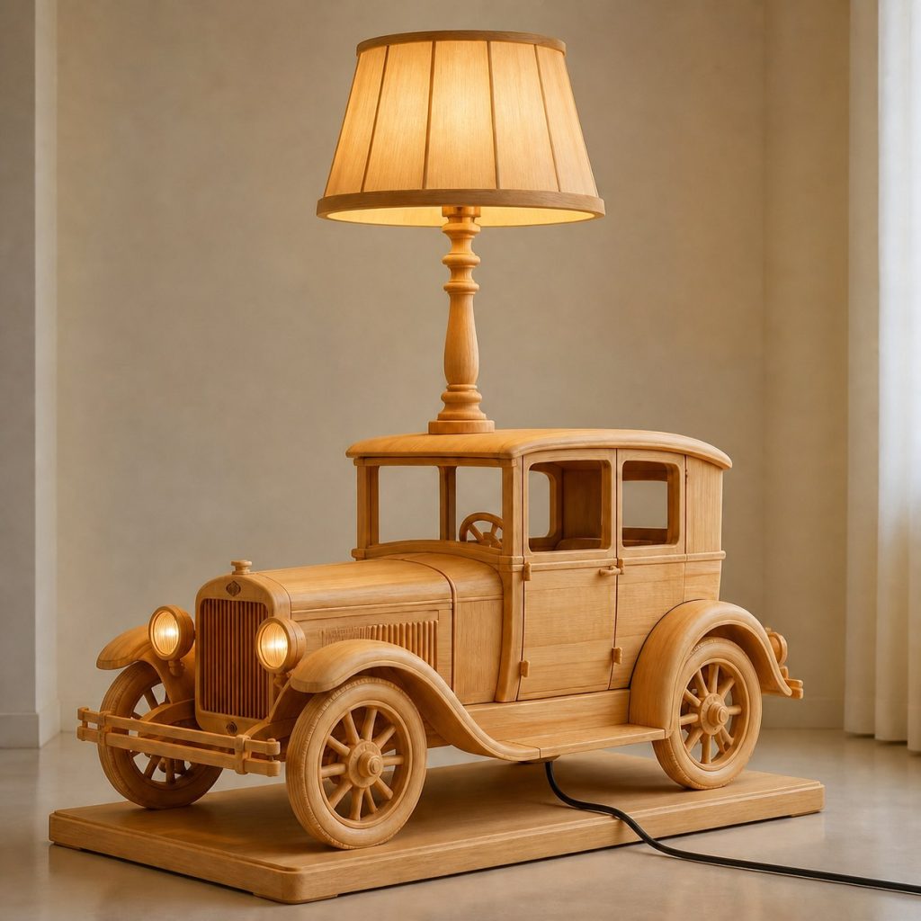 Stacked Vintage Car Floor Lamp shown as an original square photorealistic vintage car lamp made from natural light-yellow wood with fine grain and warm diffused light