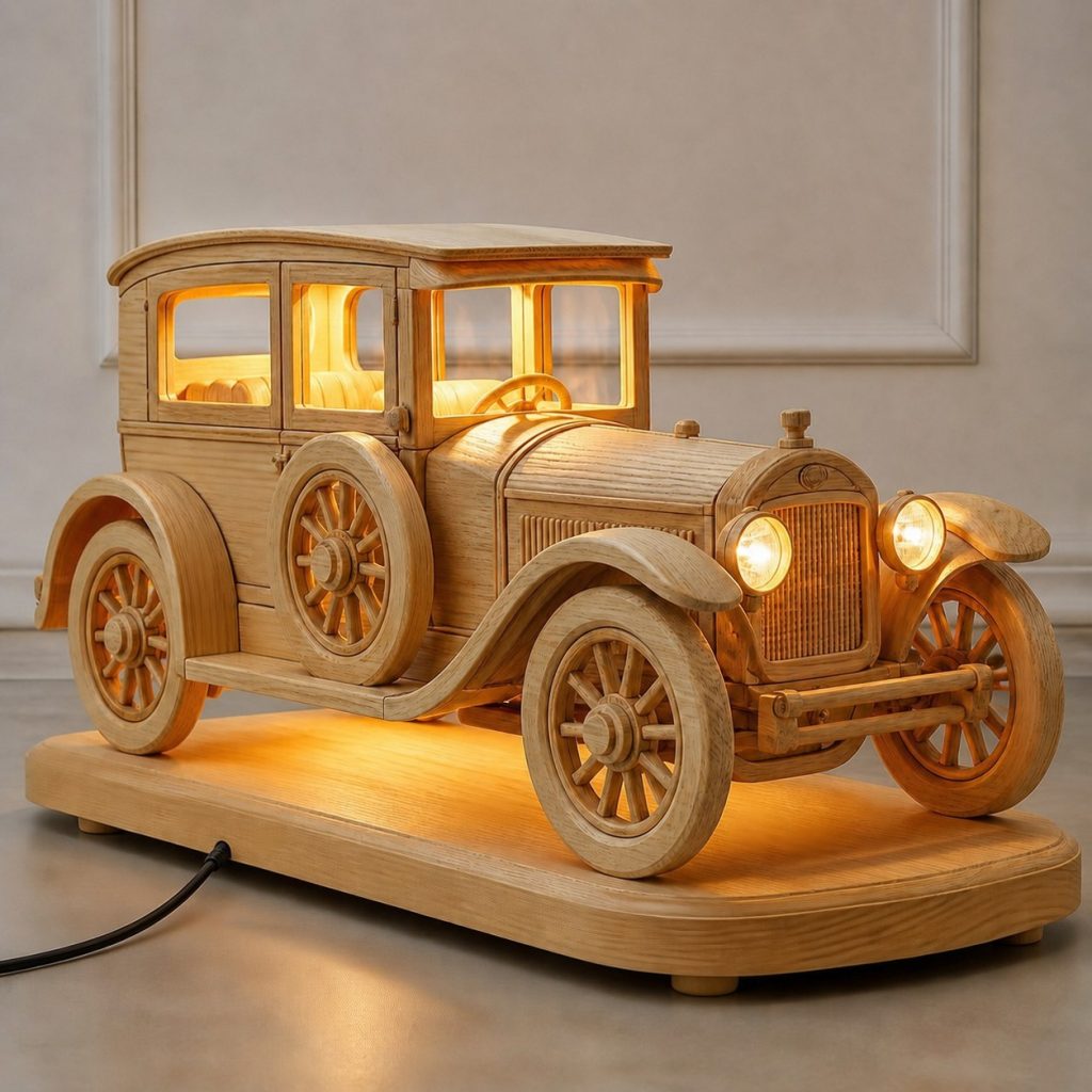 Old Garage Car Lantern shown as an original square photorealistic vintage car lamp made from natural light-yellow wood with fine grain and warm diffused light