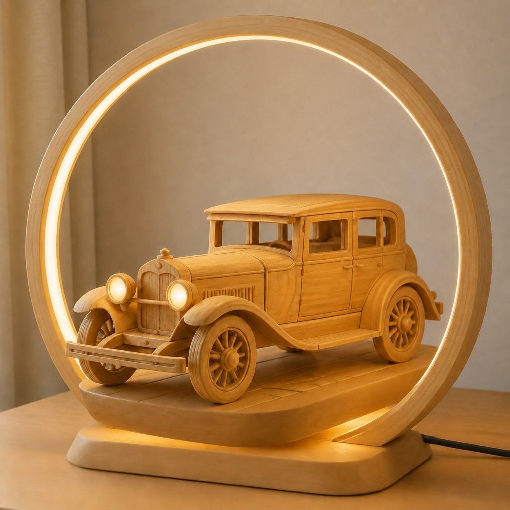 Vintage Car Road-Ring Lamp shown as an original square photorealistic vintage car lamp made from natural light-yellow wood with fine grain and warm diffused light