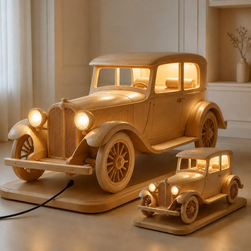 Paired Vintage Car Floor Lamp shown as an original square photorealistic vintage car lamp made from natural light-yellow wood with fine grain and warm diffused light