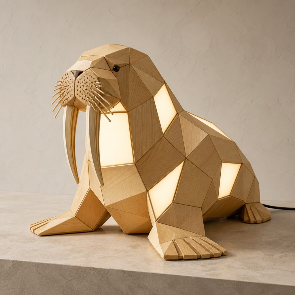 Faceted Walrus Lamp shown as an original square photorealistic walrus lamp made from natural light-yellow wood with fine grain and warm diffused light