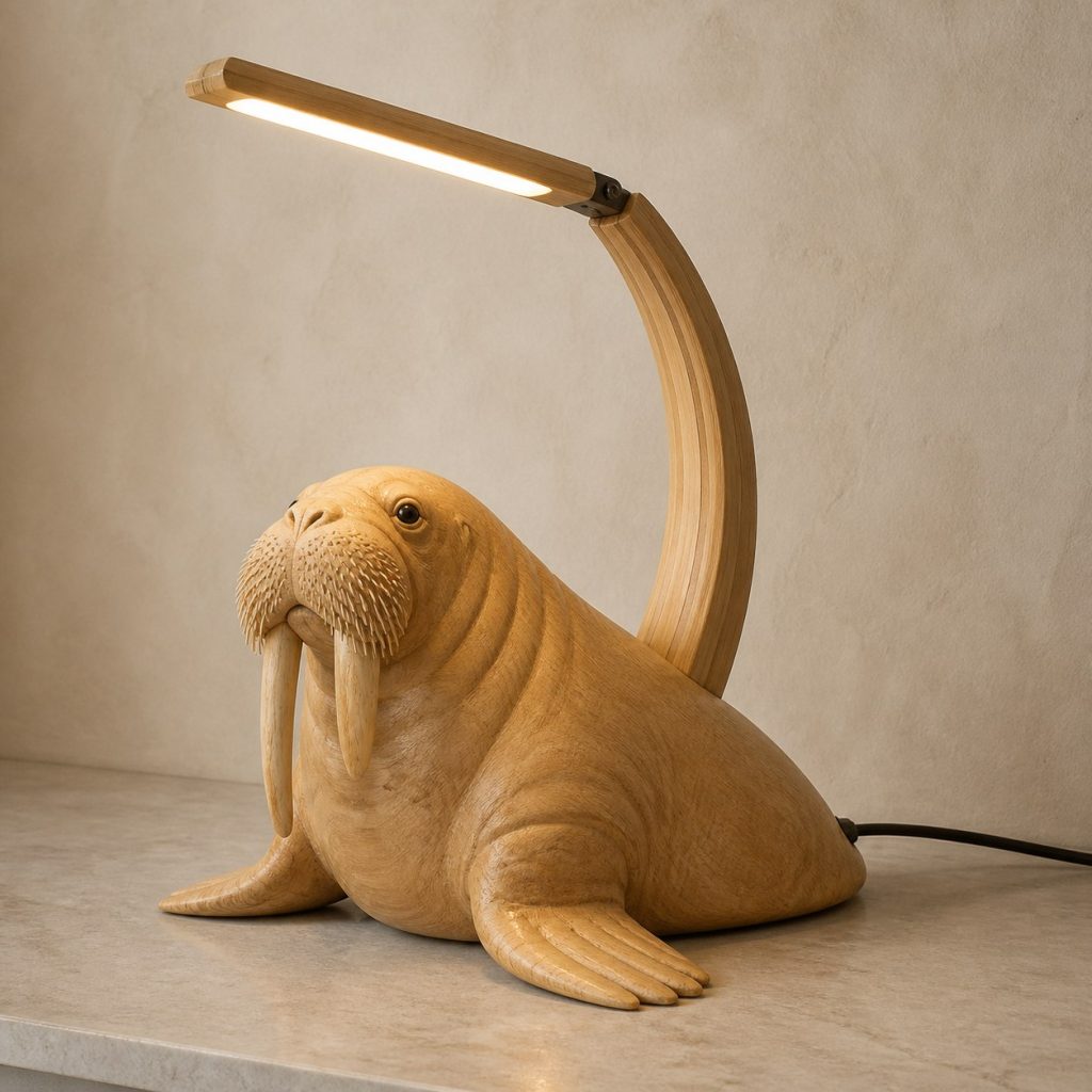 Walrus-Tusk Desk Task Lamp shown as an original square photorealistic walrus lamp made from natural light-yellow wood with fine grain and warm diffused light