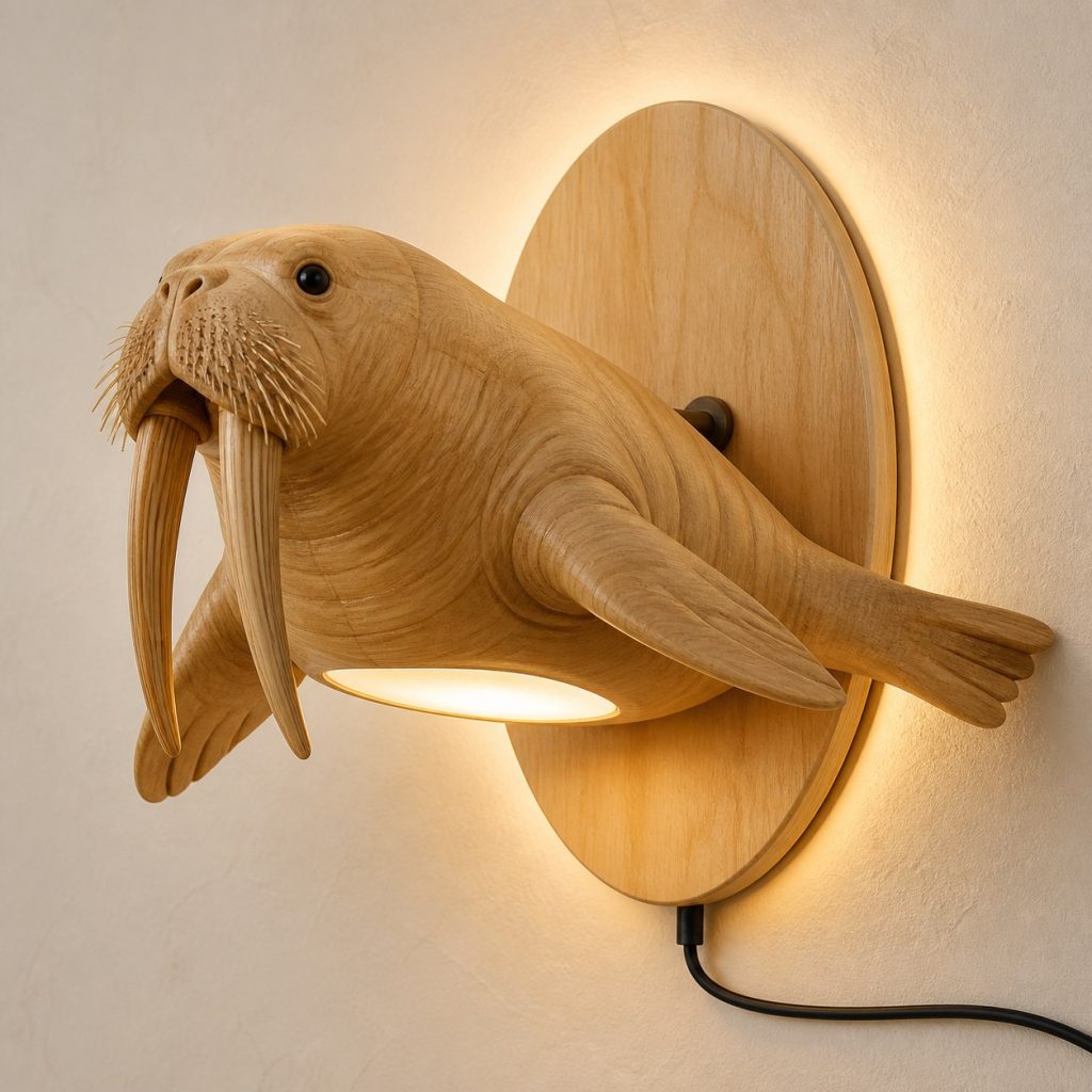 Swimming Walrus Wall Sconce shown as an original square photorealistic walrus lamp made from natural light-yellow wood with fine grain and warm diffused light