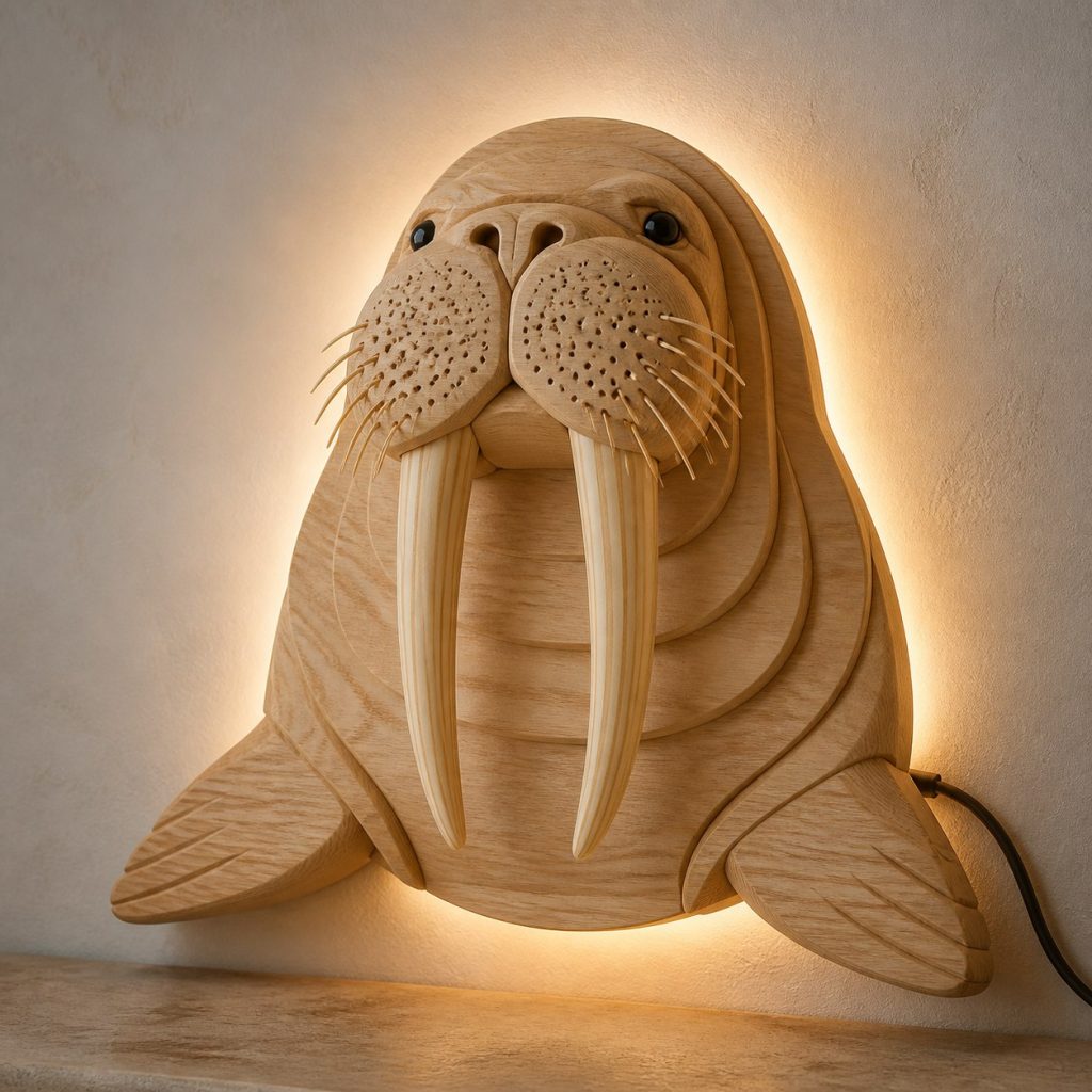 Layered Walrus Face Wall Lamp shown as an original square photorealistic walrus lamp made from natural light-yellow wood with fine grain and warm diffused light