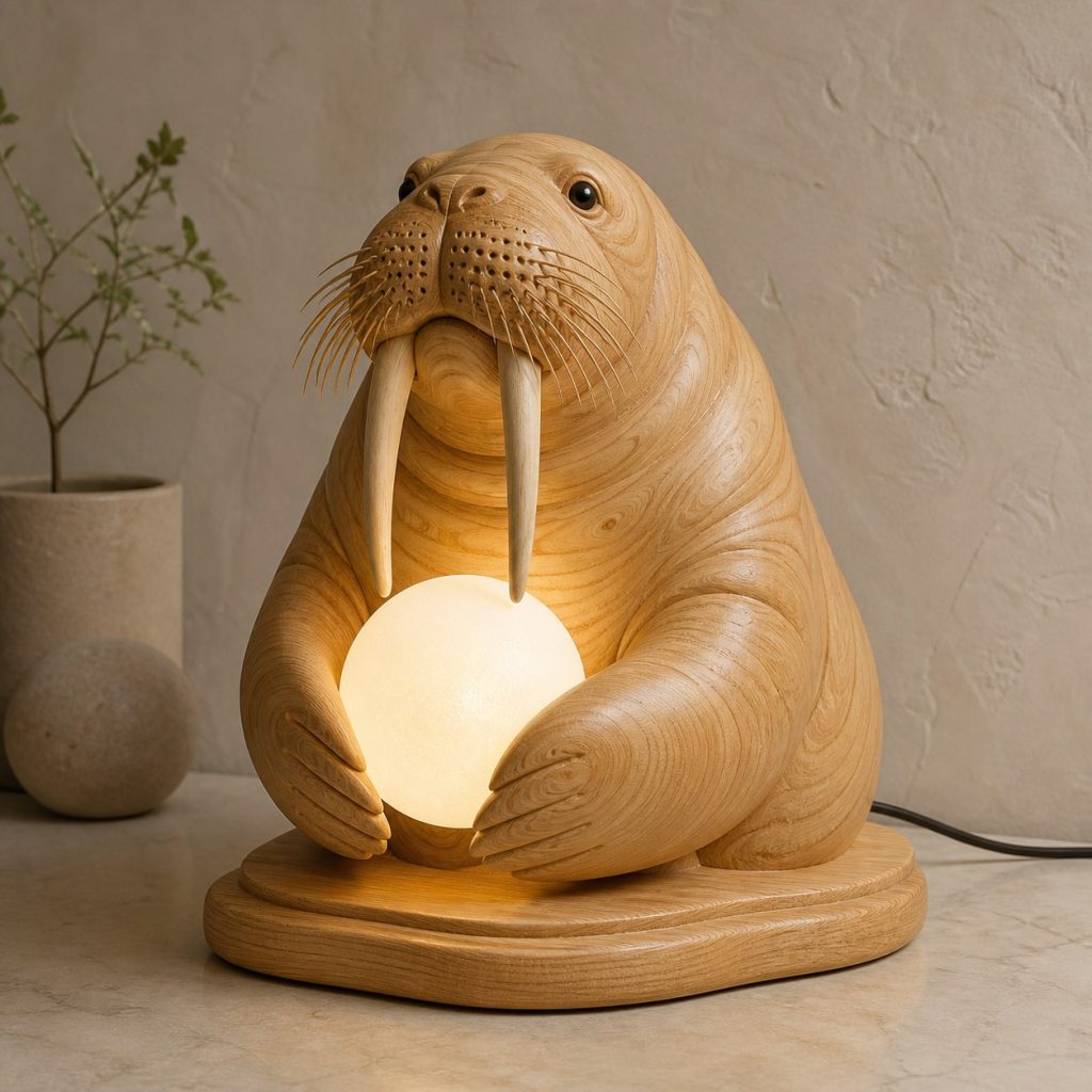 Walrus Orb Lamp shown as an original square photorealistic walrus lamp made from natural light-yellow wood with fine grain and warm diffused light