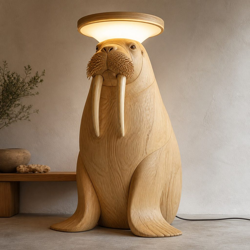 Tall Walrus Floor Lamp shown as an original square photorealistic walrus lamp made from natural light-yellow wood with fine grain and warm diffused light