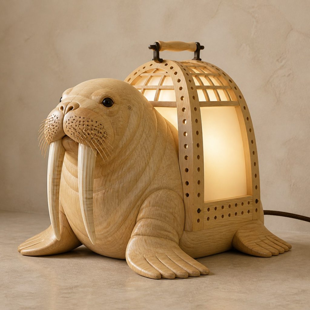 Arctic Walrus Lantern shown as an original square photorealistic walrus lamp made from natural light-yellow wood with fine grain and warm diffused light