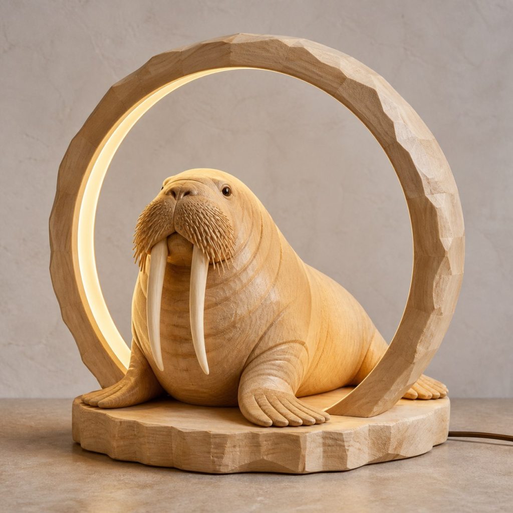 Walrus Ice-Ring Lamp shown as an original square photorealistic walrus lamp made from natural light-yellow wood with fine grain and warm diffused light