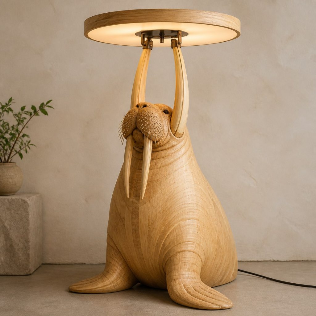Paired-Tusk Walrus Floor Lamp shown as an original square photorealistic walrus lamp made from natural light-yellow wood with fine grain and warm diffused light
