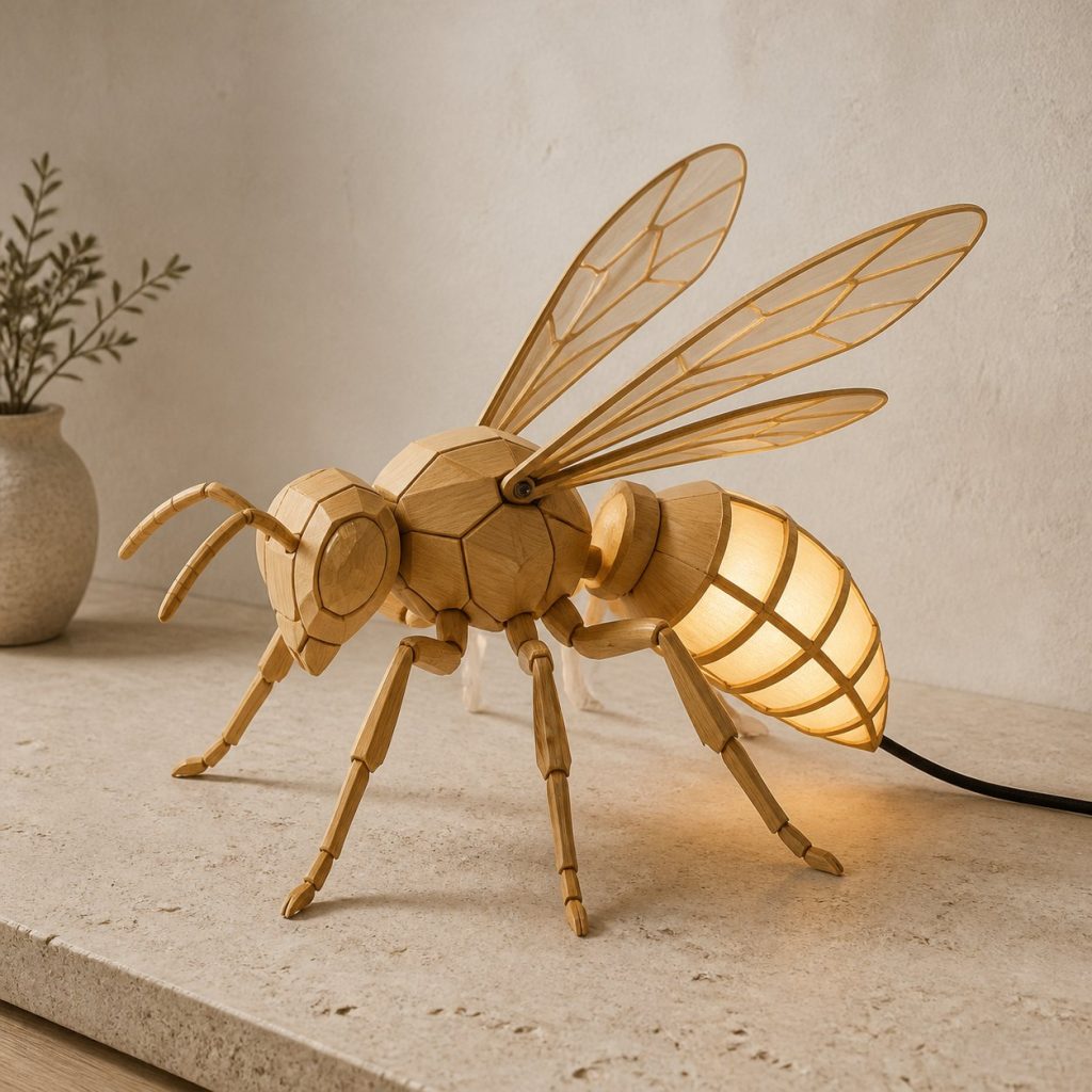 Faceted Wasp Lamp shown as an original square photorealistic wasp lamp made from natural light-yellow wood with fine grain and warm diffused light