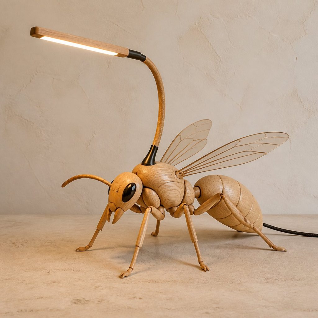 Wasp-Antenna Desk Task Lamp shown as an original square photorealistic wasp lamp made from natural light-yellow wood with fine grain and warm diffused light
