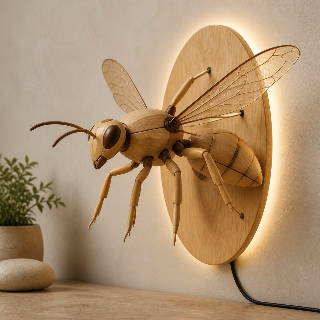 Flying Wasp Wall Sconce shown as an original square photorealistic wasp lamp made from natural light-yellow wood with fine grain and warm diffused light